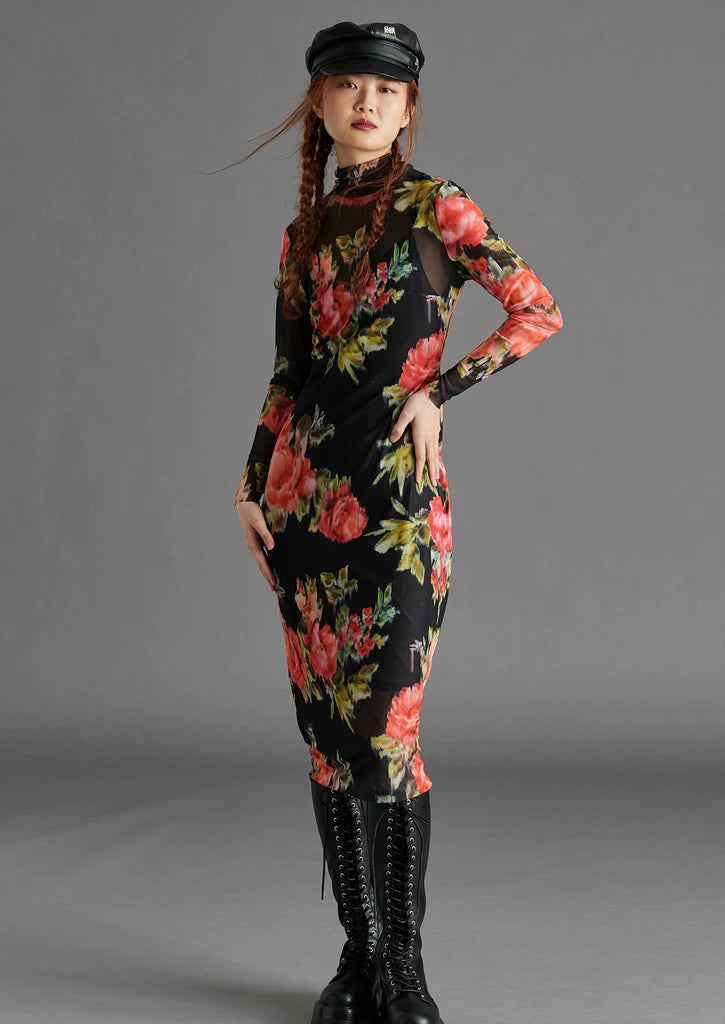 Vivienne Floral Long Sleeve Turtleneck Mesh Midi Dress - Faded Rose