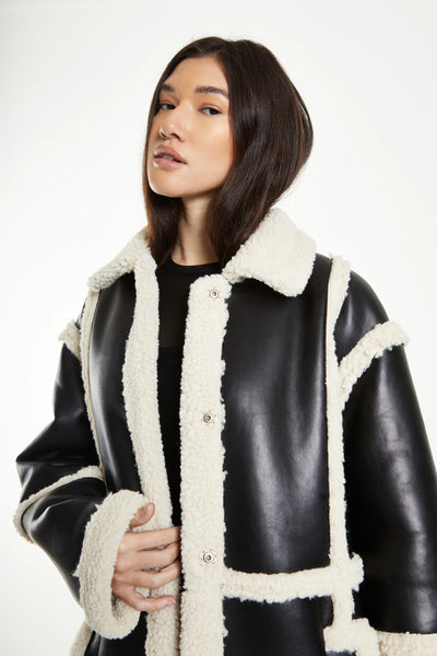 Black Cream Long Shearling Seamed Coat with Collar