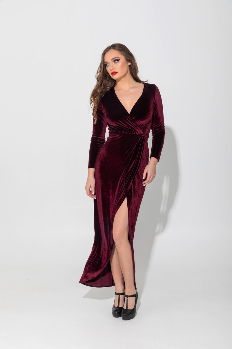 High Slit Velvet Dress In Deep Red