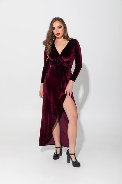 High Slit Velvet Dress In Deep Red