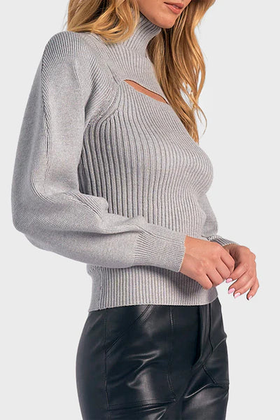 Cut Out Ribbed Sweater - Grey