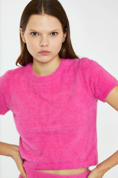 Hot Pink Short-Sleeve Knitted Crop-Top