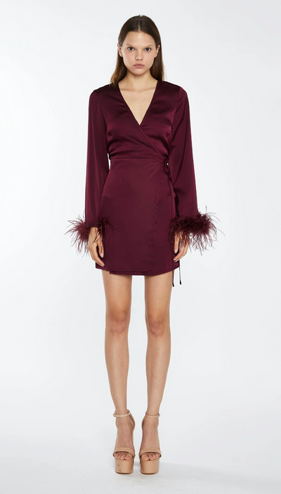 Deep-Burgundy Satin Feather Trim Wrap Mini-Dress