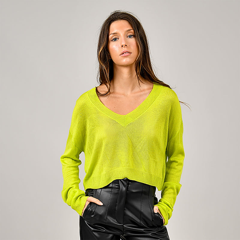 Nicky Long Sleeve V-Neck Pullover in Sunny Lime