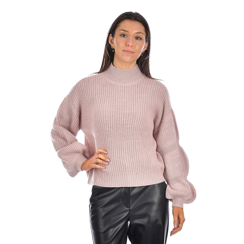 Krystle Ruched Sleeve Mock Neck Knit - Pink Cloud