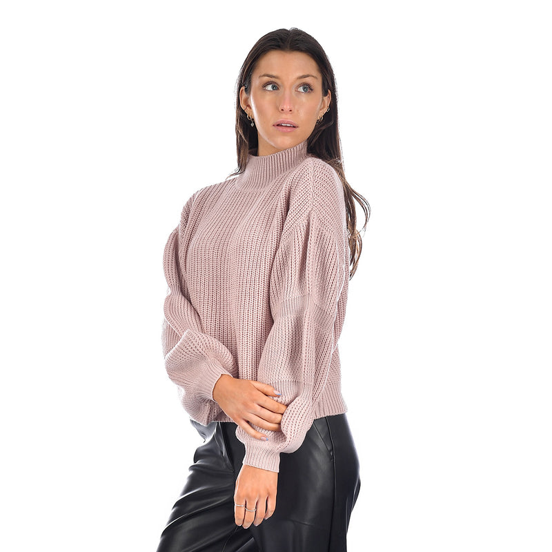 Krystle Ruched Sleeve Mock Neck Knit - Pink Cloud