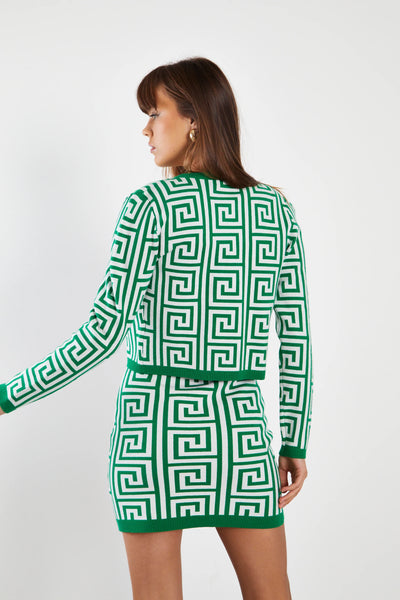 Green Geo Long Sleeve Intarsia Knit Cardigan