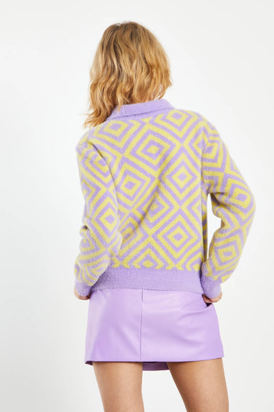 Lilac & Yellow Diamond Geo Intarsia Knit Collard Cardigan