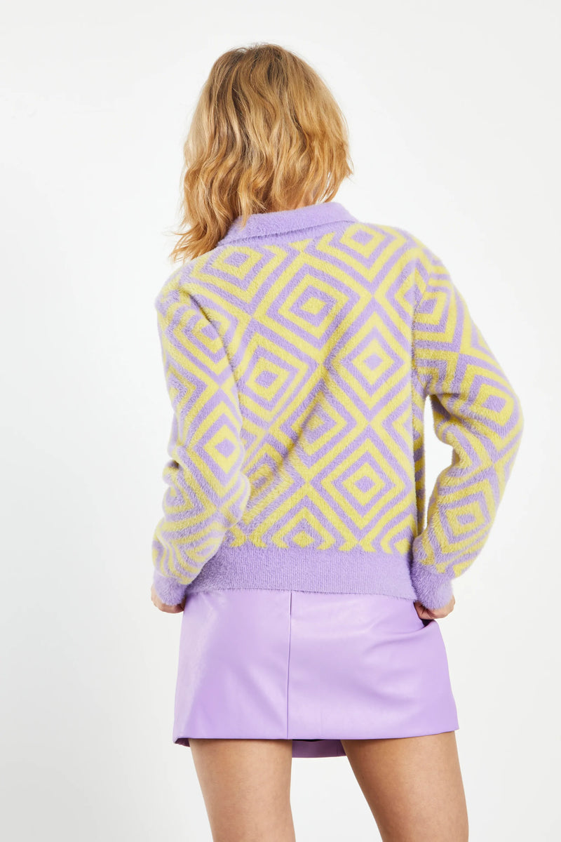 Lilac & Yellow Diamond Geo Intarsia Knit Collard Cardigan