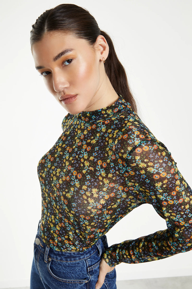 Black Multi Floral Mesh Long Sleeve Top with High Neck