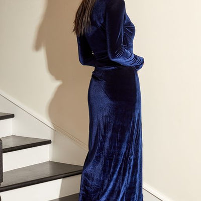 High Slit Velvet Dress In Midnight Blue